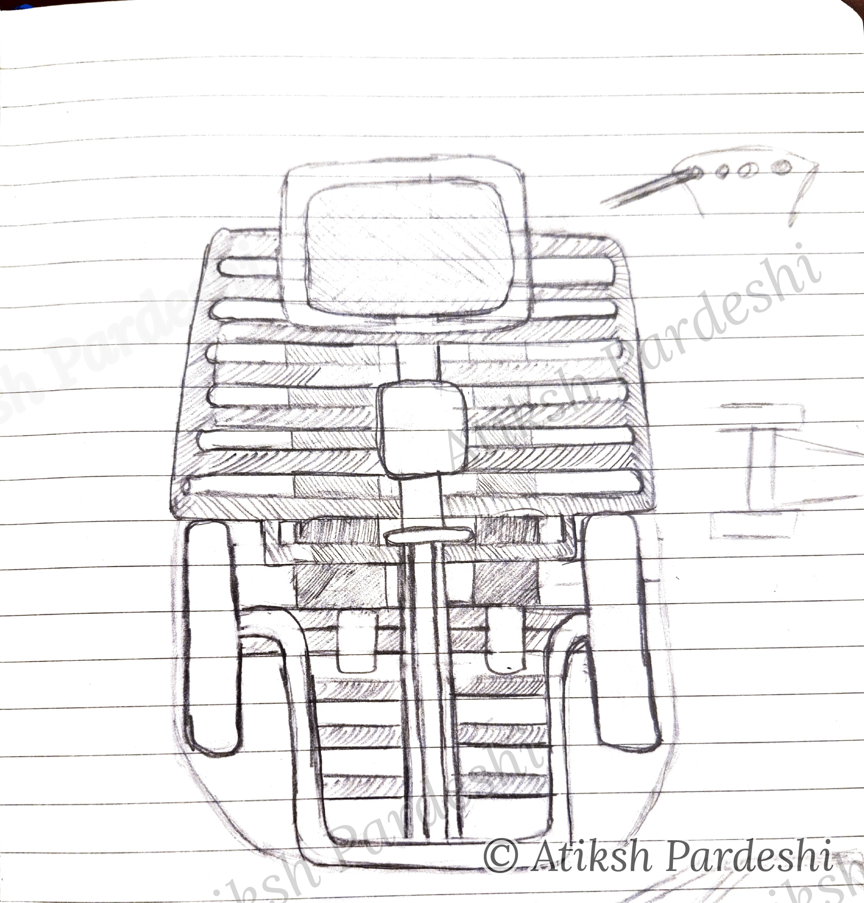 Concept sketch for a small go-kart, showing seat, headrest, and steering layout