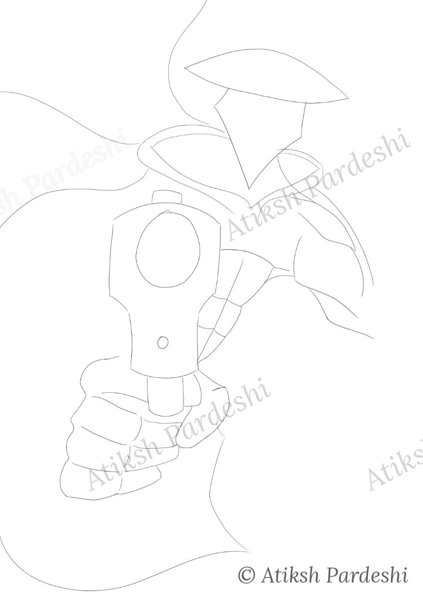 Sketch of a hand gripping a mechanical weapon